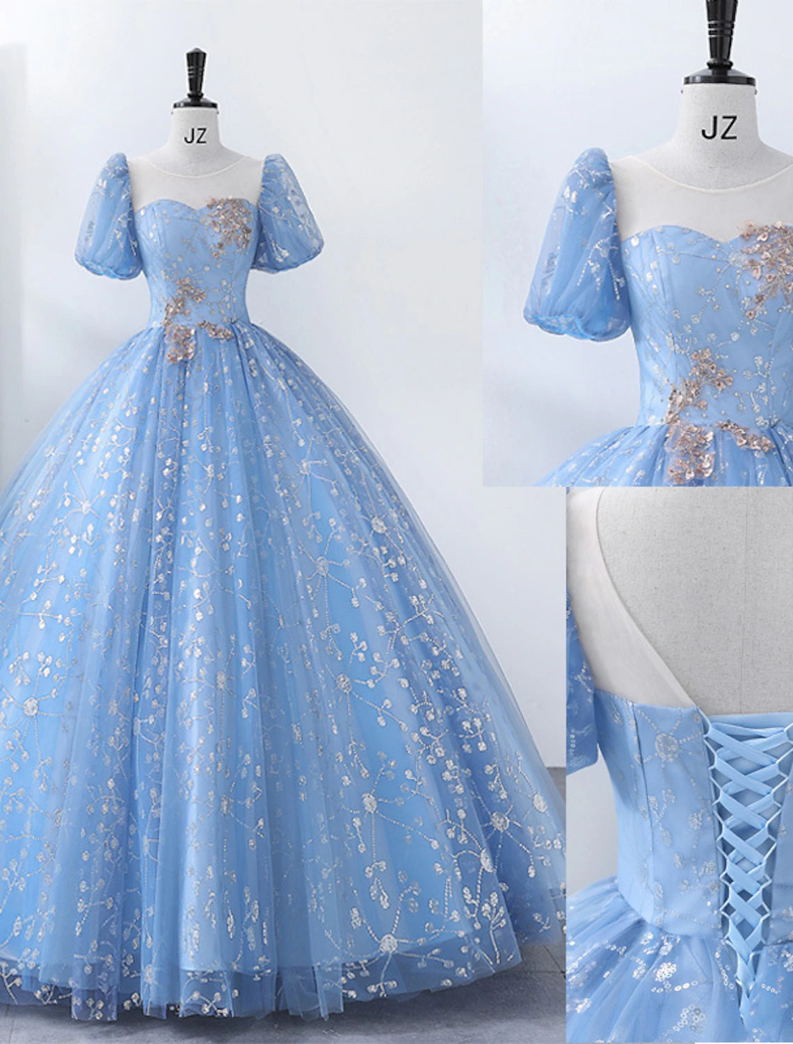 Ball Gown Quinceanera Dresses Princess Dress Performance Sweet 16 Floor Length Short Sleeve Square Neck Polyester with Pearls Appliques