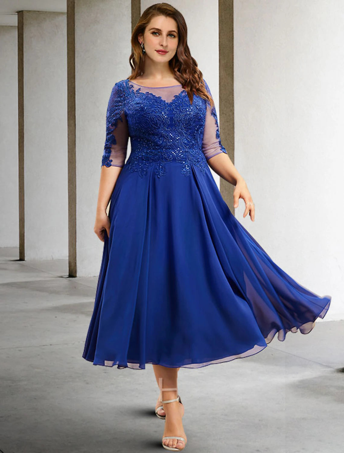 A-Line Mother of the Bride Dresses Plus Size Hide Belly Curve Elegant Dress Formal Tea Length Half Sleeve Jewel Neck Chiffon with Pleats Sequin Appliques Fall