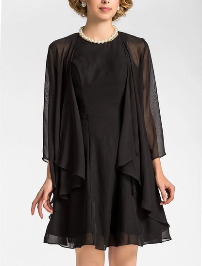 A-Line Mother of the Bride Dress Wrap Included Jewel Neck Knee Length Chiffon 3/4 Length Sleeve with Draping