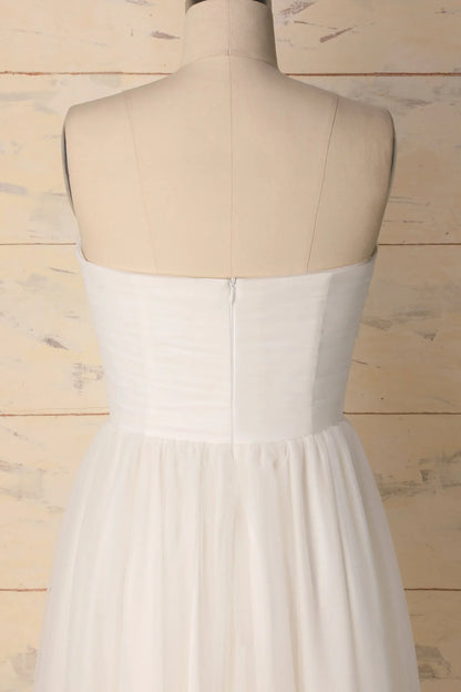 White Dotted Mesh Strapless Midi Dress A-Line Short Sweetheart Chiffon Dress With Zipper Back