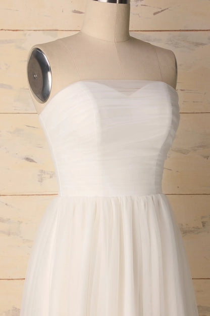 White Dotted Mesh Strapless Midi Dress A-Line Short Sweetheart Chiffon Dress With Zipper Back