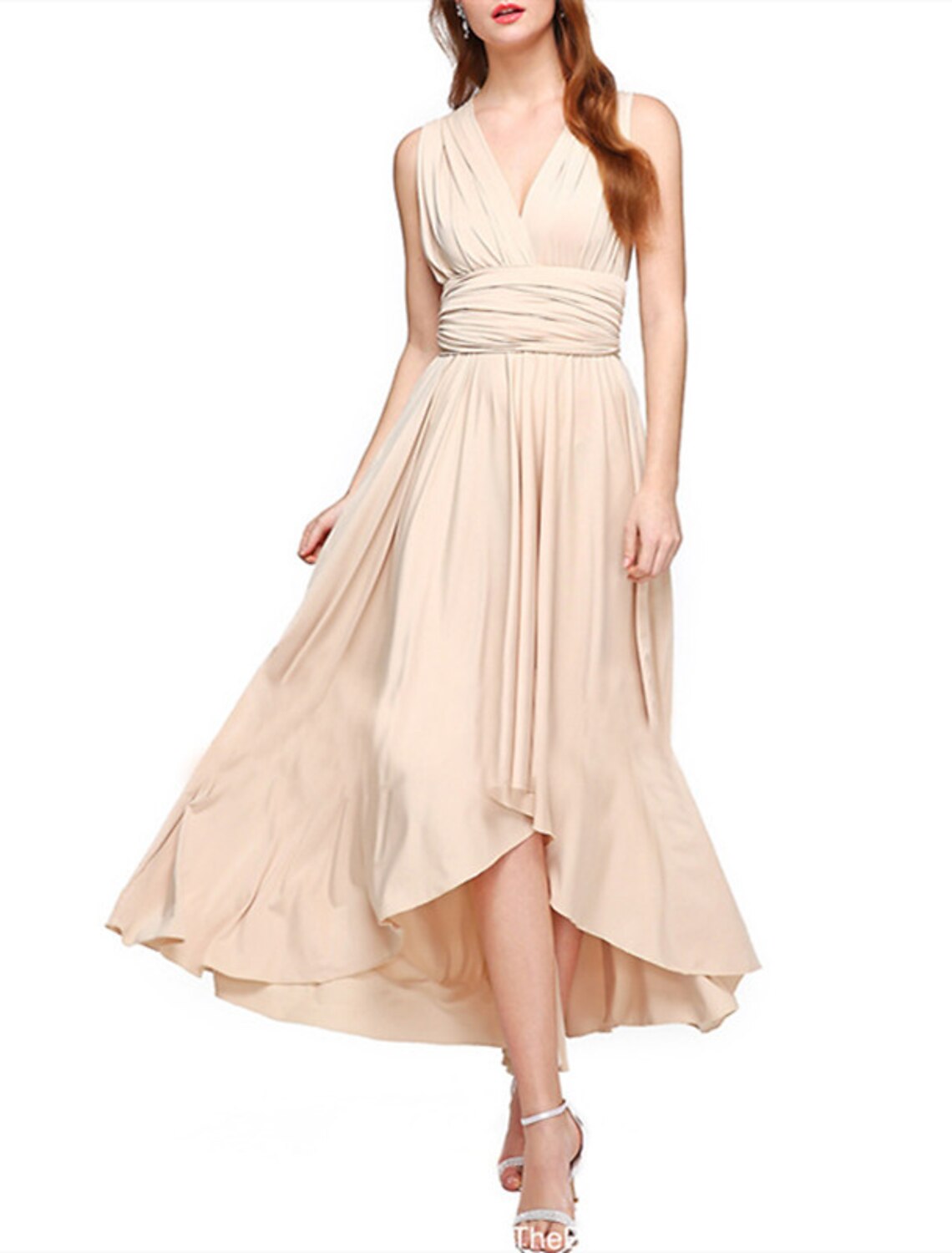 A-Line Bridesmaid Dress V Neck Sleeveless Convertible Infinity Asymmetrical Spandex with Pleats / Solid Color