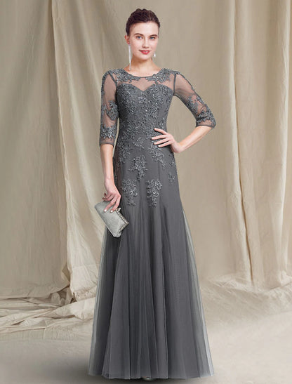 A-Line Mother of the Bride Dress Luxurious Elegant Jewel Neck Floor Length Lace Tulle 3/4 Length Sleeve with Appliques