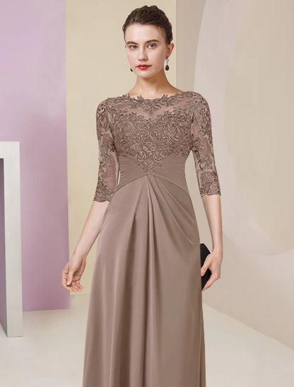 Sheath / Column Mother of the Bride Dress Simple Elegant Jewel Neck Floor Length Chiffon Lace Half Sleeve with Pleats Solid