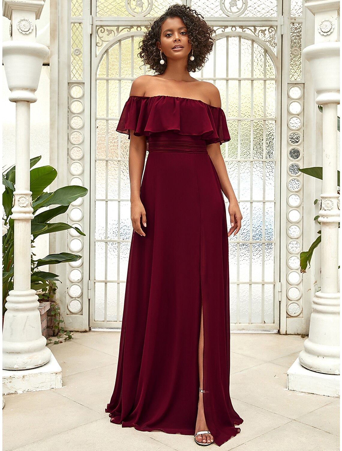 A-Line Bridesmaid Dress Off Shoulder Sleeveless Elegant Floor Length Chiffon with Ruffles / Draping