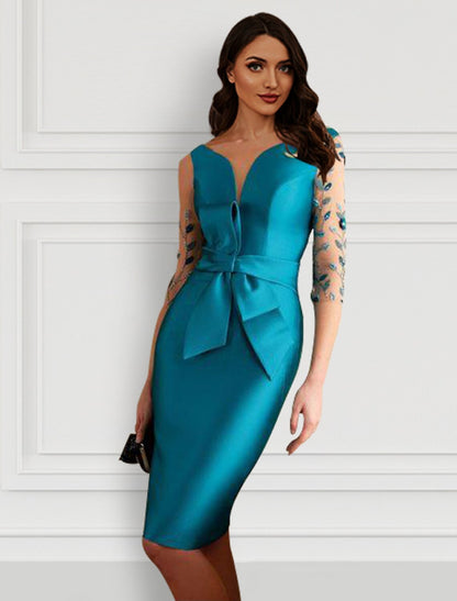 Sheath Party Dress Cocktail Dresses Open Back Dress Formal Wedding Guest Knee Length Half Sleeve Jewel Neck Satin with Bow(s) Slit Appliques