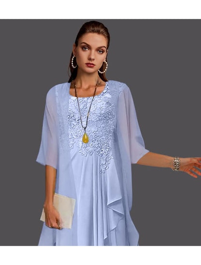 Two Piece A-Line Mother of the Bride Dress Fall Wedding Guest Elegant Long Sleeve Scoop Neck Knee Length Lace Chiffon Jacket Dresses with Jakcet Pleats Appliques