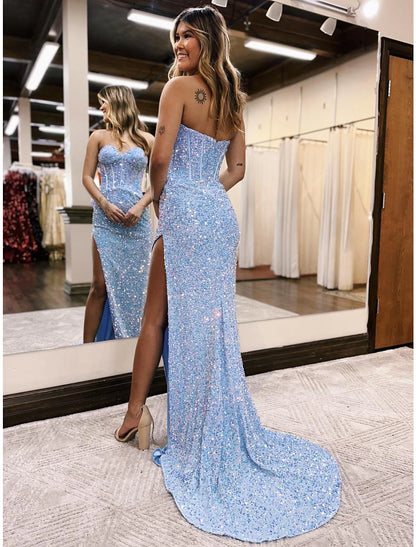 Mermaid / Trumpet Prom Dresses Sparkle & Shine Dress Formal Wedding Party Court Train Sleeveless Sweetheart Sequined Backless with Sequin Slit