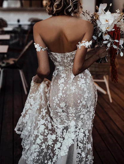 Beach Boho Wedding Dresses Mermaid / Trumpet Off Shoulder Cap Sleeve Court Train Lace Bridal Gowns With Appliques Solid Color