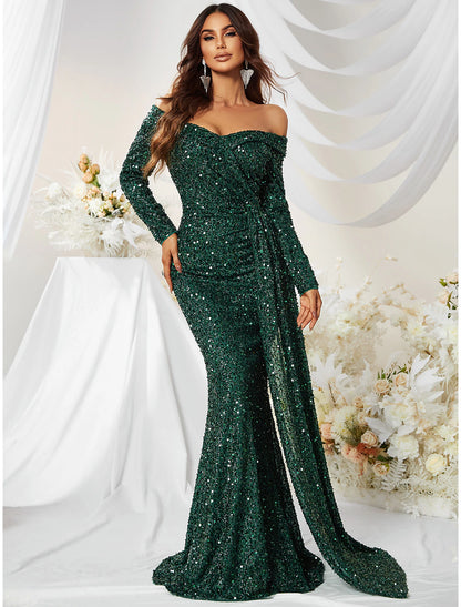 Mermaid / Trumpet Evening Gown Sparkle & Shine Dress Formal Cocktail Party Sweep / Brush Train Long Sleeve Off Shoulder Polyester with Sequin