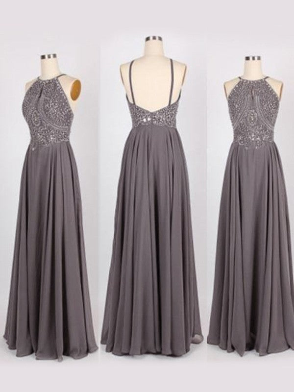 A-Line/Princess Halter Sleeveless Floor-Length Beading Chiffon Dresses