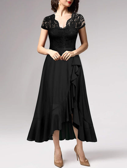 A-Line Cocktail Dresses Black Dress Wedding Guest Cocktail Party Asymmetrical Short Sleeve One Shoulder Chiffon with Pleats Lace Insert