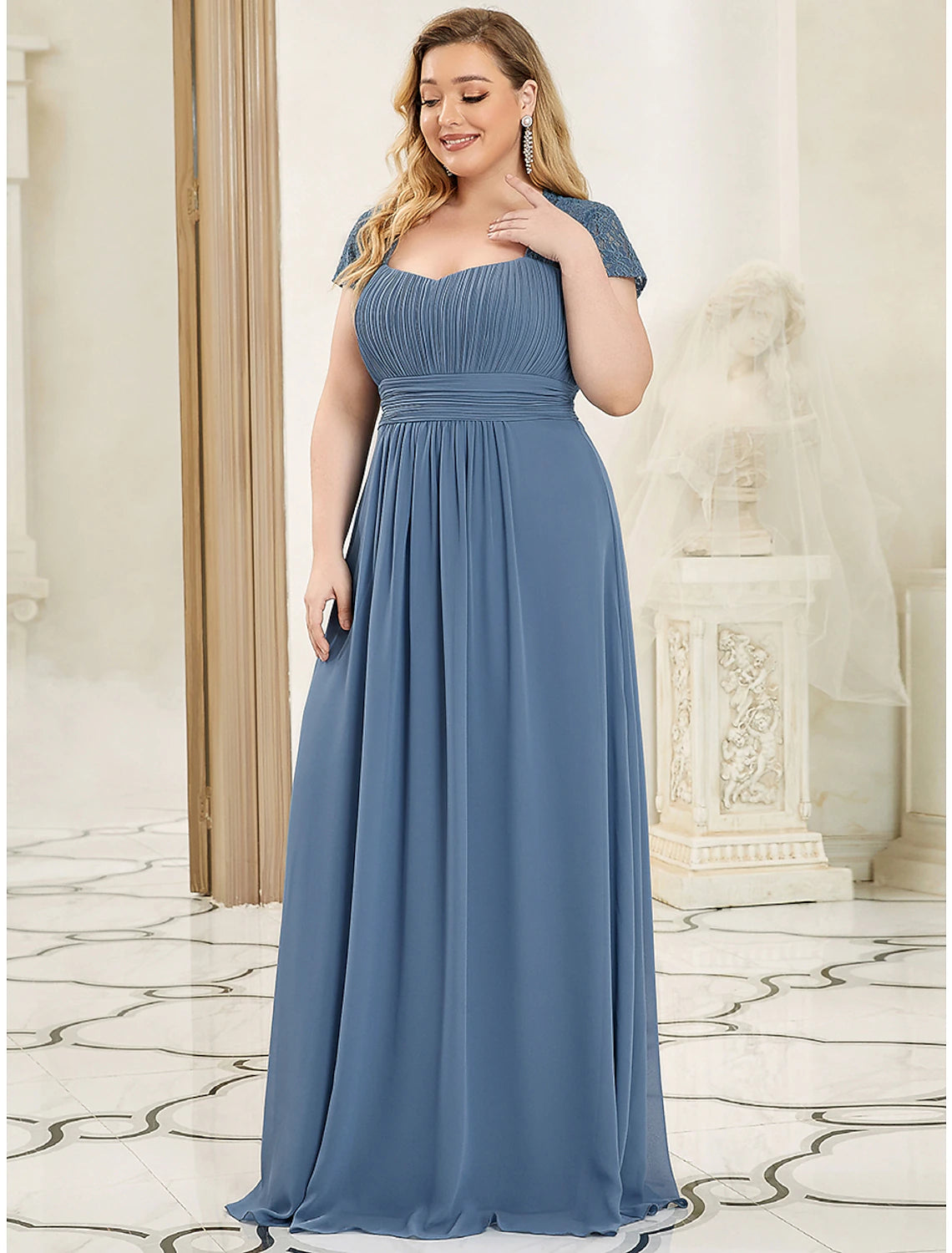 A-Line Evening Gown Plus Size Dress Wedding Guest Prom Floor Length Short Sleeve Sweetheart Chiffon with Ruched