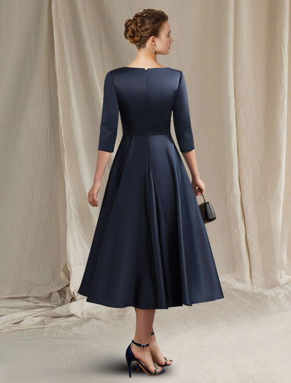 A-Line Mother of the Bride Dress Elegant Bateau Neck V Neck Tea Length Satin Half Sleeve with Pleats Ruched