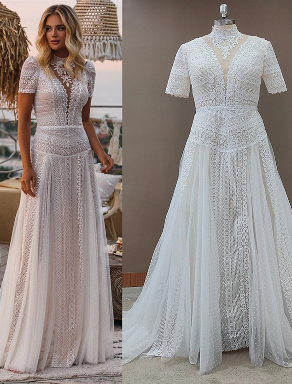 Beach Boho Wedding Dresses A-Line Illusion Neck Short Sleeve Court Train Lace Bridal Gowns With Appliques