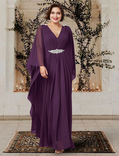 A-Line Mother of the Bride Dress Plus Size Elegant V Neck Floor Length Chiffon Long Sleeve with Pleats Crystals