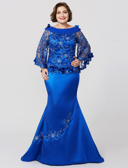 Mermaid / Trumpet Mother of the Bride Dress Formal Plus Size Elegant Bateau Neck Sweep / Brush Train Lace Over Charmeuse Long Sleeve No with Pleats Ruffles