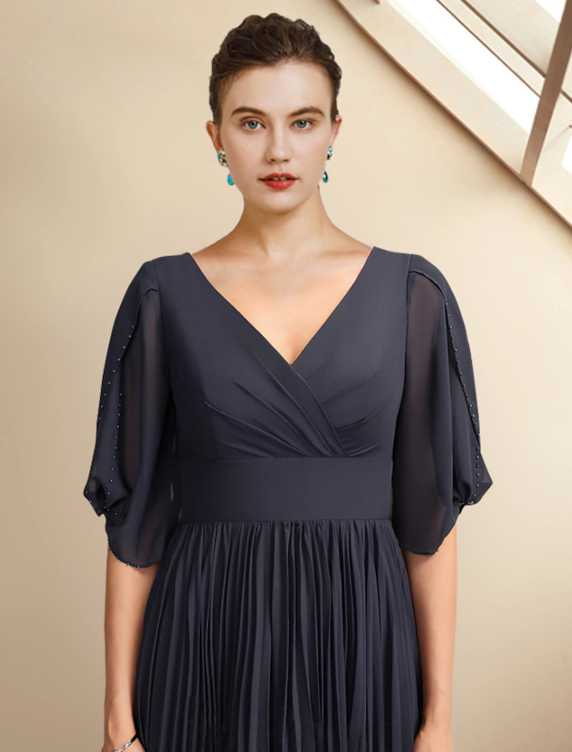 A-Line Mother of the Bride Dress Plus Size Elegant V Neck Tea Length Chiffon Half Sleeve with Pleats