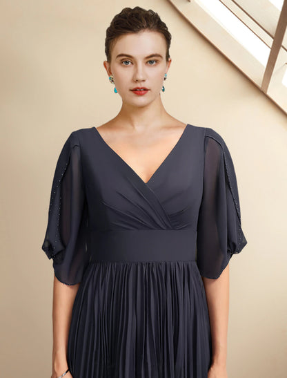 A-Line Mother of the Bride Dress Plus Size Elegant V Neck Tea Length Chiffon Half Sleeve with Pleats