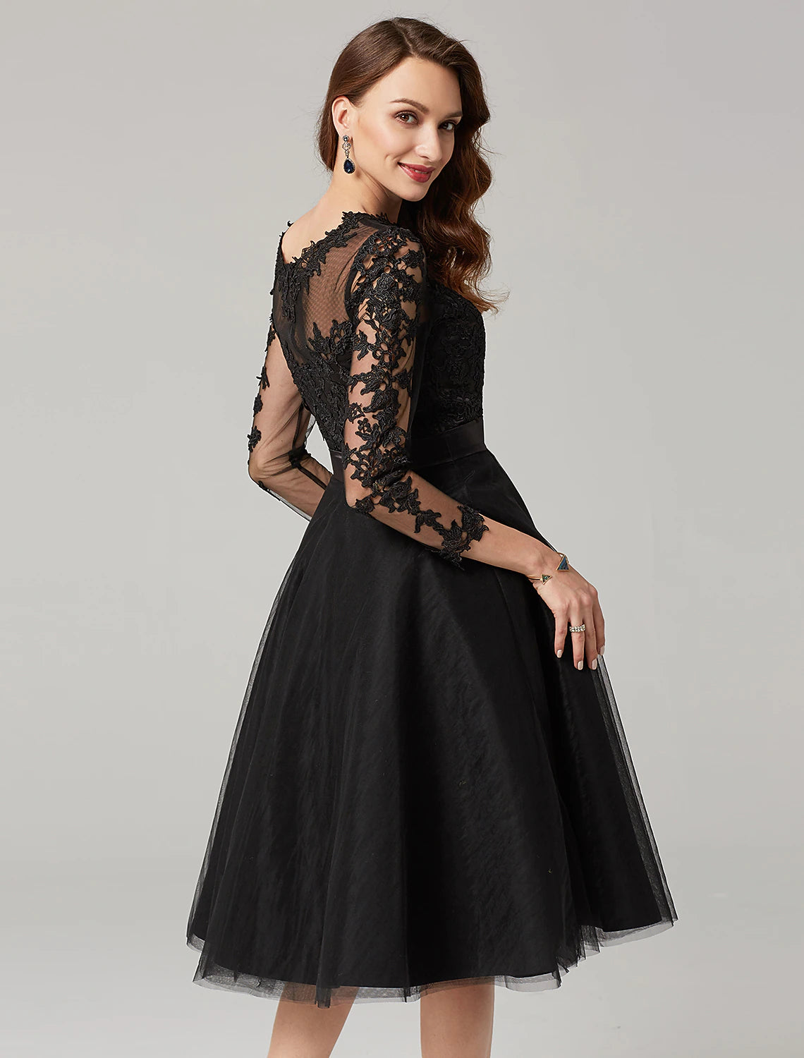 A-Line Elegant Dress Wedding Guest Prom Knee Length 3/4 Length Sleeve Illusion Neck Tulle Over Lace with Appliques