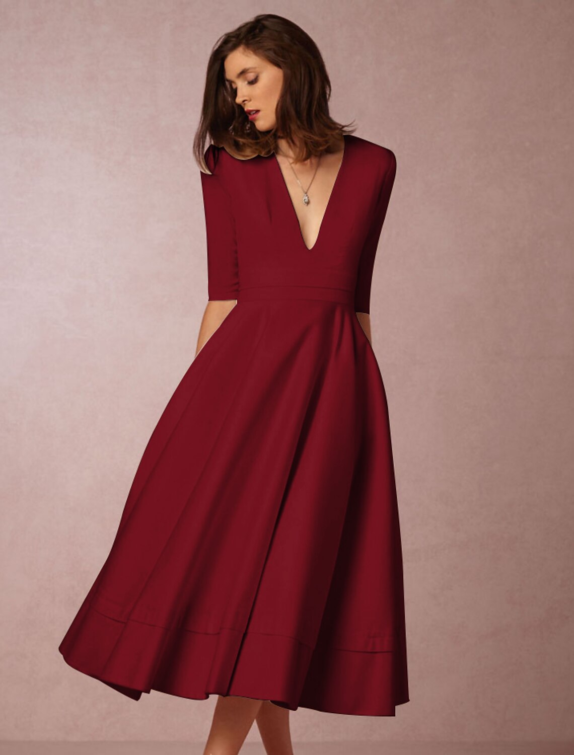 A-Line Special Occasion Dresses Party Dress Holiday Wedding Guest Tea Length Half Sleeve V Neck Pocket Jersey with Pleats