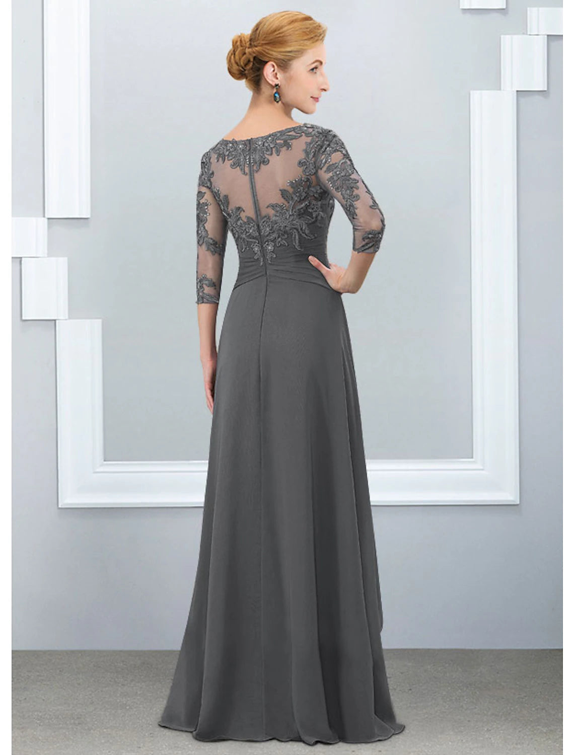 A-Line Mother of the Bride Dress Elegant Jewel Neck Floor Length Chiffon Lace Half Sleeve with Ruffles Appliques