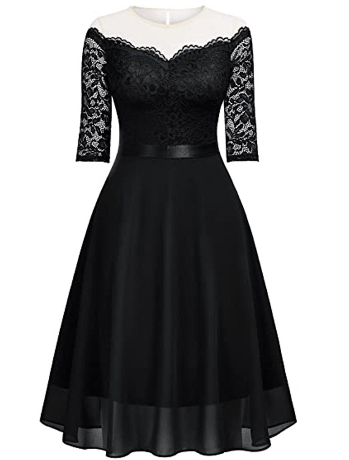 A-Line Cocktail Dresses Vintage Dress Party Wear Cocktail Party Knee Length Half Sleeve Jewel Neck Fall Wedding Guest Lace with Pleats