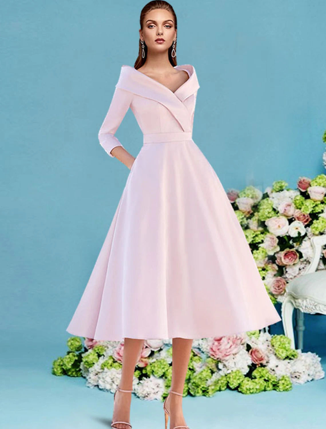 A-Line Mother of the Bride Dress Fall Wedding Guest Vintage Elegant V Neck Tea Length Satin 3/4 Length Sleeve with Pleats