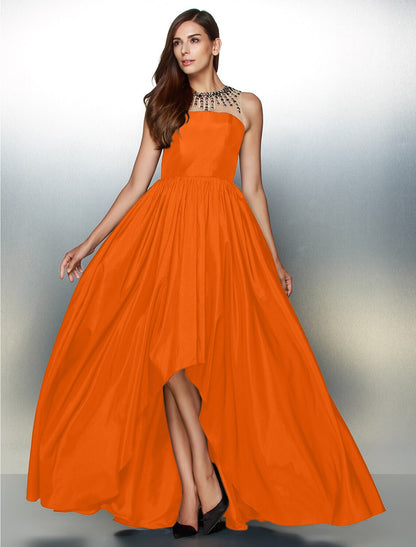 A-Line Elegant High Low Prom Formal Evening Dress Illusion Neck Sleeveless Asymmetrical Taffeta with Pleats Beading