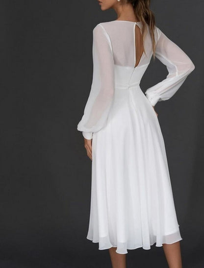 Reception Little White Dresses Wedding Dresses A-Line V Neck Long Sleeve Tea Length Chiffon Bridal Gowns With Pleats