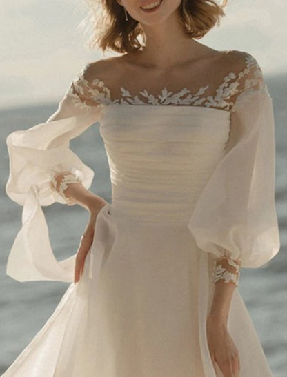 Beach Vintage Wedding Dresses A-Line Off Shoulder 3/4 Length Sleeve Court Train Chiffon Bridal Gowns With Bow(s) Ruched