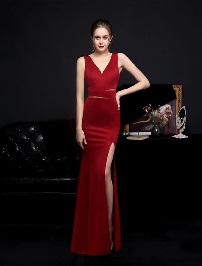 Mermaid / Trumpet Prom Dresses Elegant Dress Formal Wedding Guest Floor Length Sleeveless V Neck Polyester with Slit