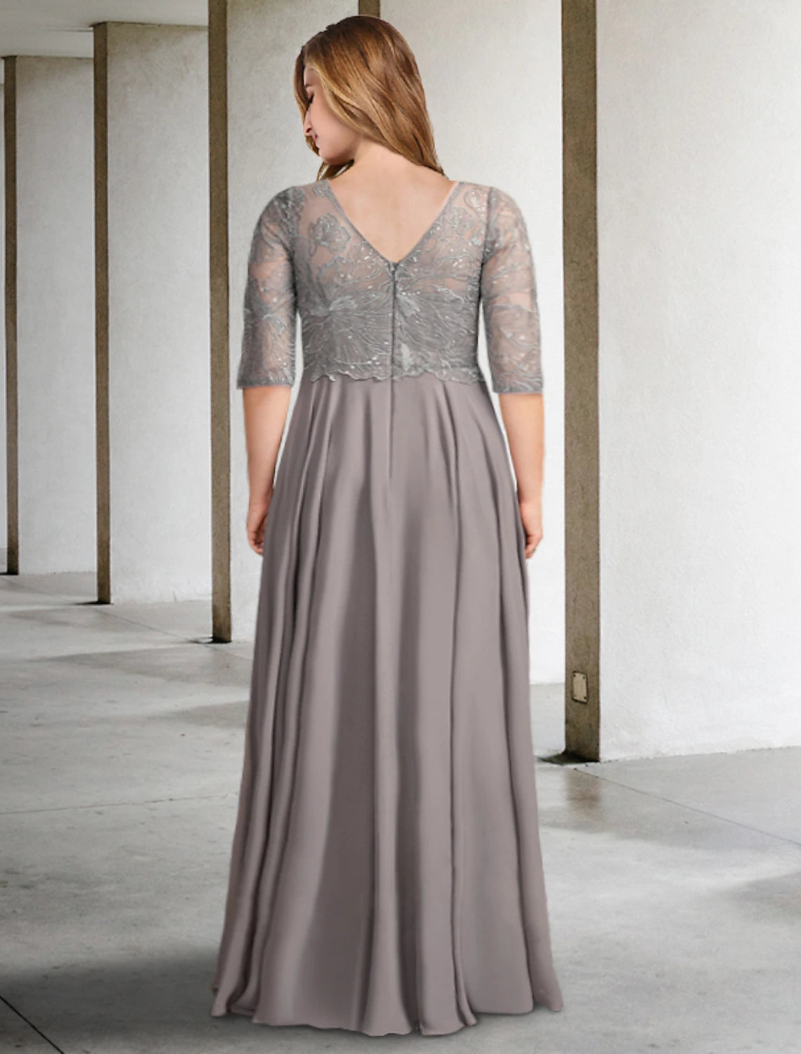 A-Line Mother of the Bride Dresses Plus Size Hide Belly Curve Elegant Dress Formal Floor Length Half Sleeve V Neck Chiffon with Pleats Sequin Appliques