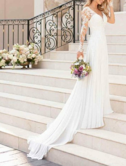 Beach Wedding Dresses A-Line V Neck Long Sleeve Court Train Chiffon Bridal Gowns With Lace Insert