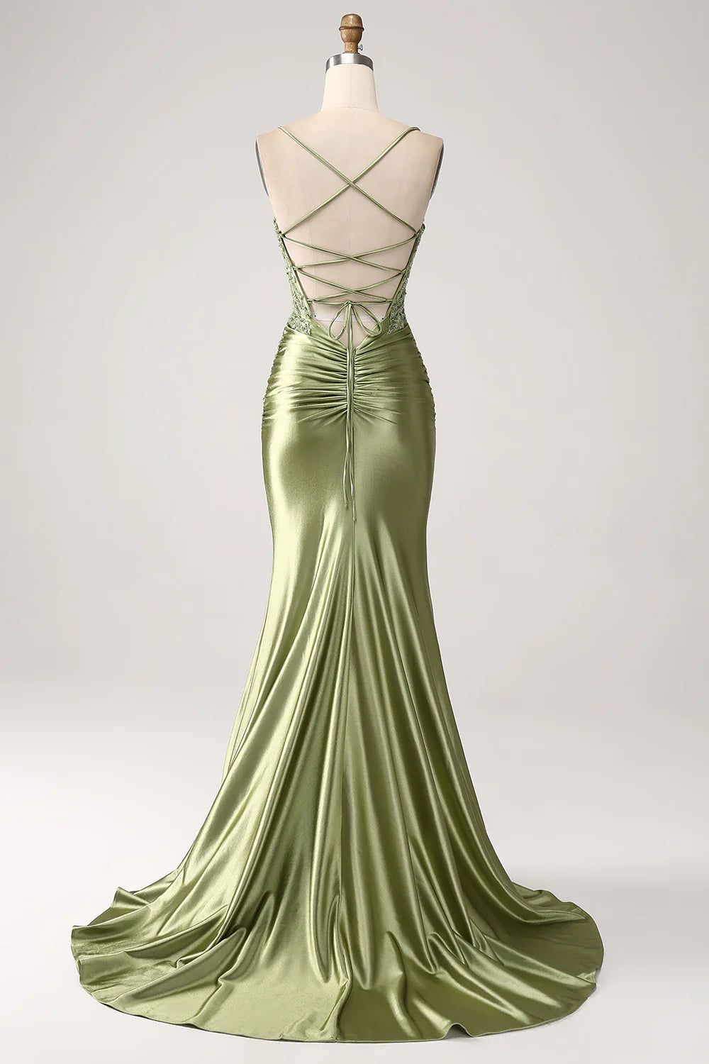 Beaira Mermaid Sage Spaghetti Straps Lace-up Back Prom Dress With Slit