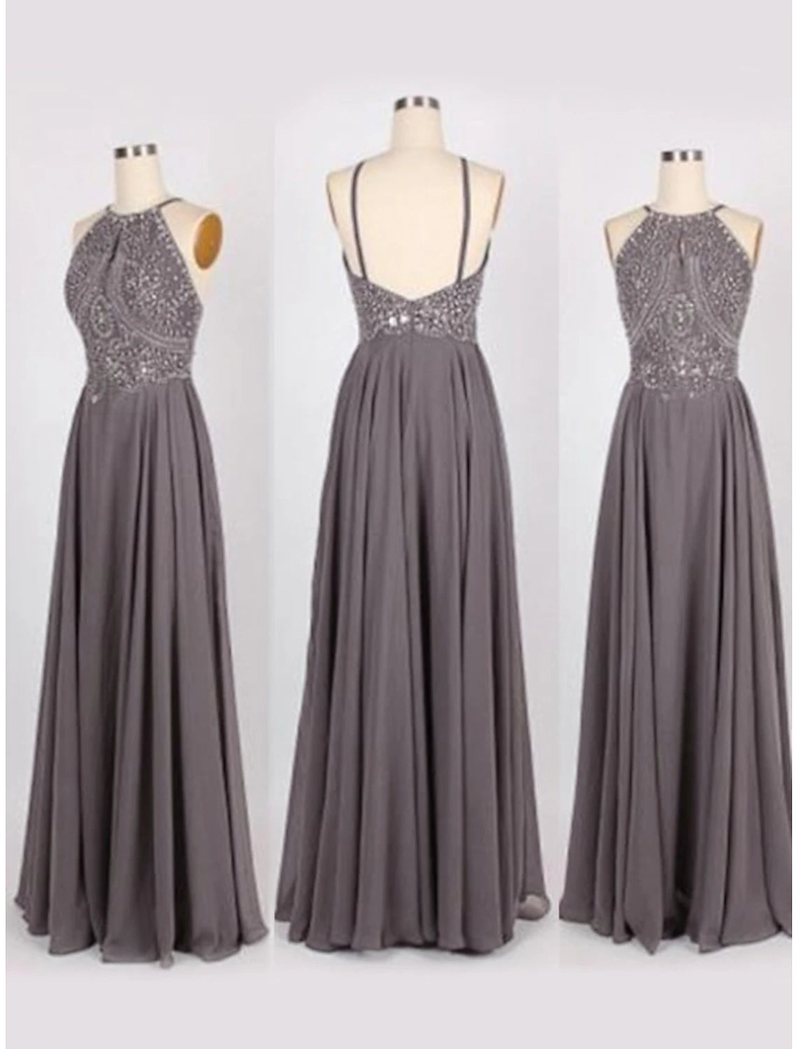 A-Line/Princess Halter Sleeveless Sweep/Brush Train Beading Chiffon Dresses