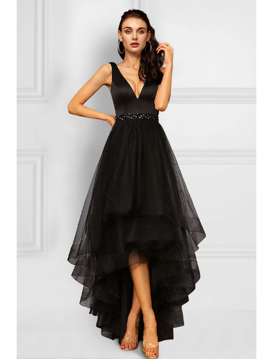 A-Line Cocktail Dresses Elegant Dress Party Wear Wedding Party Asymmetrical Sleeveless V Neck Organza with Rhinestone Ruffles