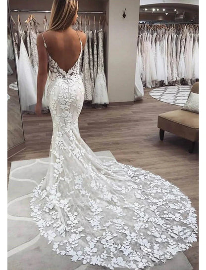 Beach Boho Wedding Dresses Mermaid / Trumpet Camisole V Neck Spaghetti Strap Chapel Train Lace Outdoor Bridal Gowns With Lace Appliques