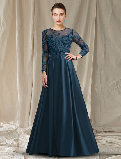 A-Line Mother of the Bride Dress Elegant Jewel Neck Tea Length Satin Lace Half Sleeve with Pleats Appliques