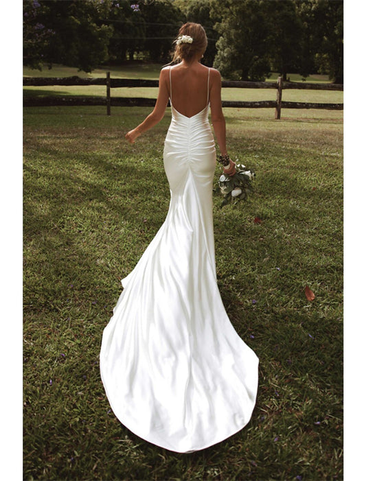 Hall Casual Wedding Dresses Mermaid / Trumpet Spaghetti Strap Camisole Spaghetti Strap Court Train Satin Bridal Gowns With Ruched