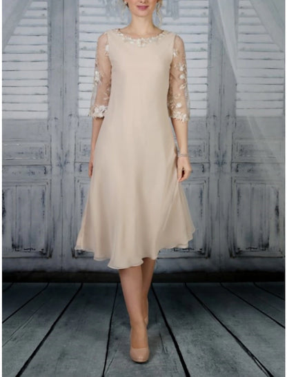 Sheath / Column Mother of the Bride Dress Wedding Guest Elegant Party Scoop Neck Tea Length Chiffon Lace Half Sleeve with Ruffles Solid Color