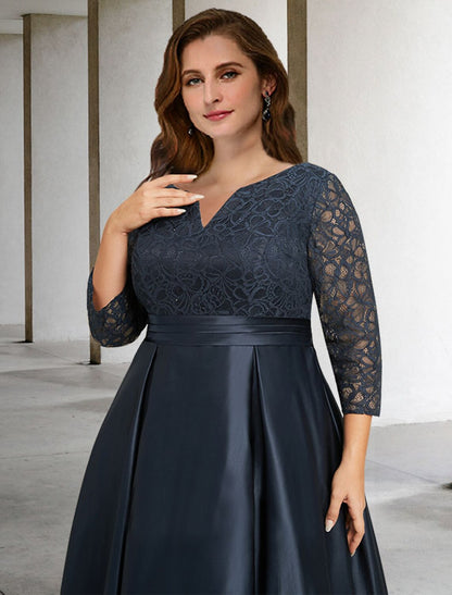 A-Line Mother of the Bride Dresses Plus Size Hide Belly Curve Elegant Dress Formal Asymmetrical 3/4 Length Sleeve V Neck Satin with Pleats Ruched