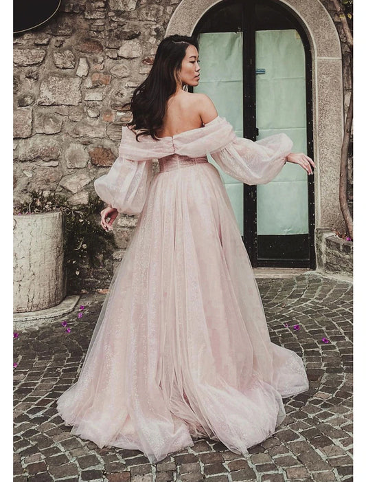 A-Line Prom Dresses Corsets Dress Formal Wedding Party Floor Length Long Sleeve Off Shoulder Tulle with Glitter Ruched