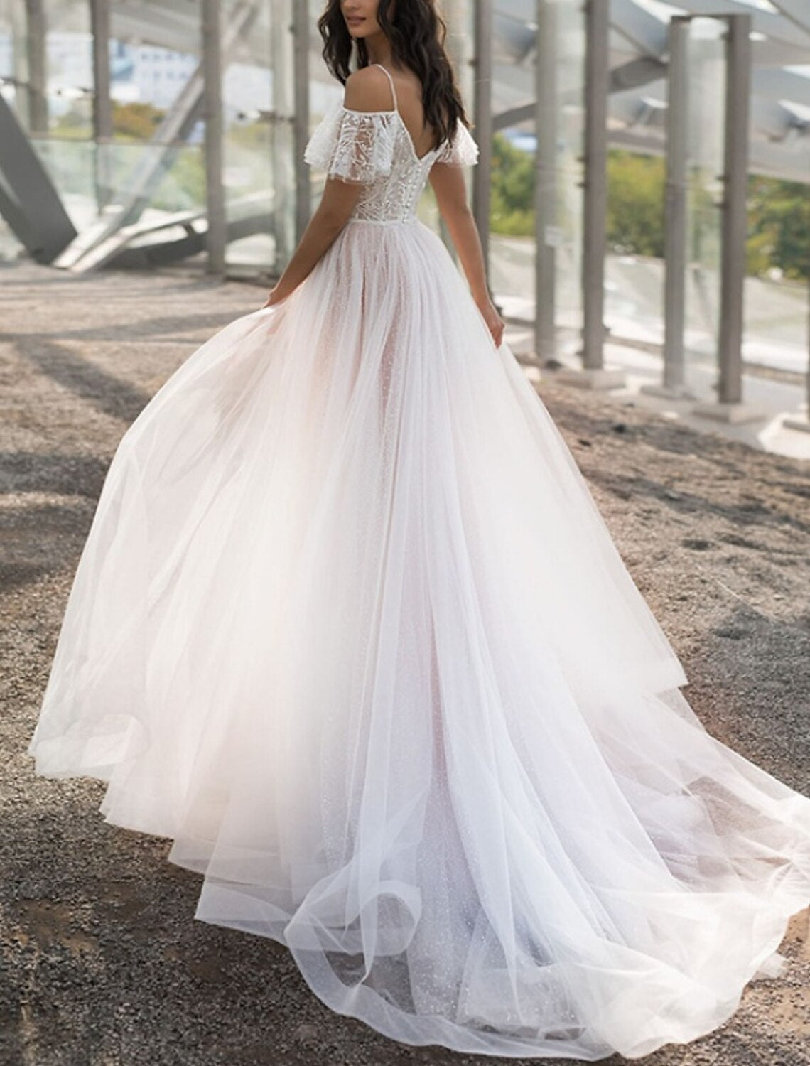 Formal Wedding Dresses A-Line V Neck Short Sleeve Sweep / Brush Train Tulle Bridal Gowns With Pleats Solid Color