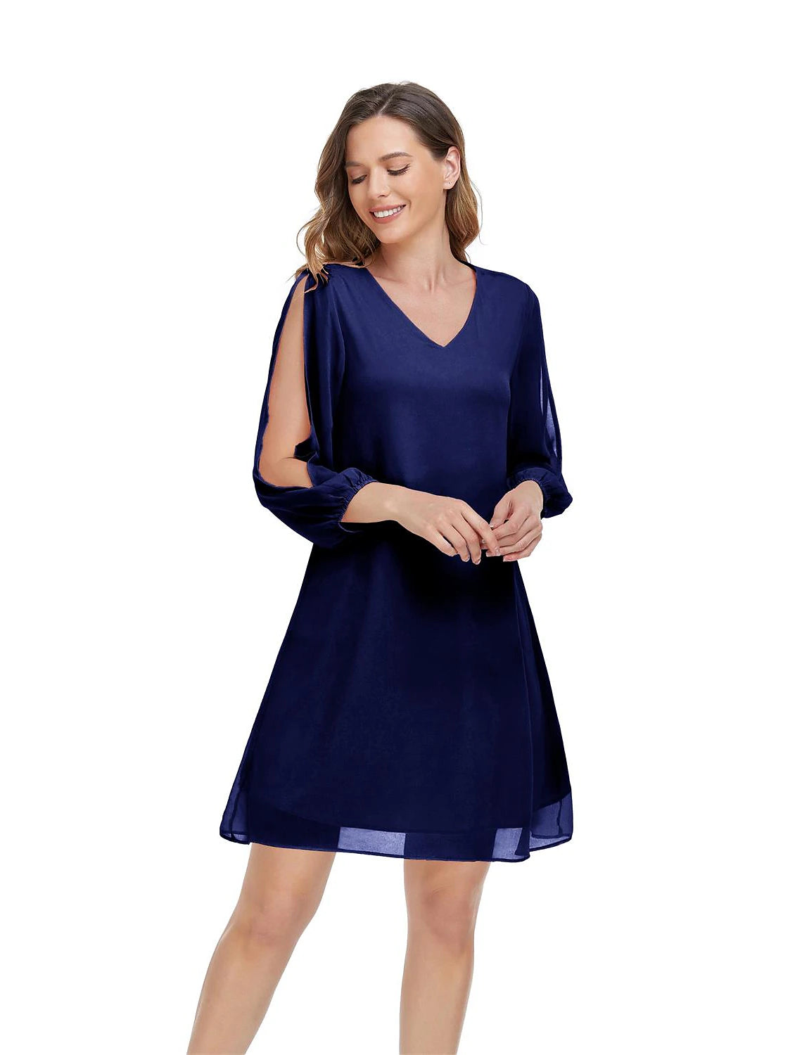 A-Line Empire Homecoming Cocktail Party Dress V Neck 3/4 Length Sleeve Short / Mini Chiffon with Slit