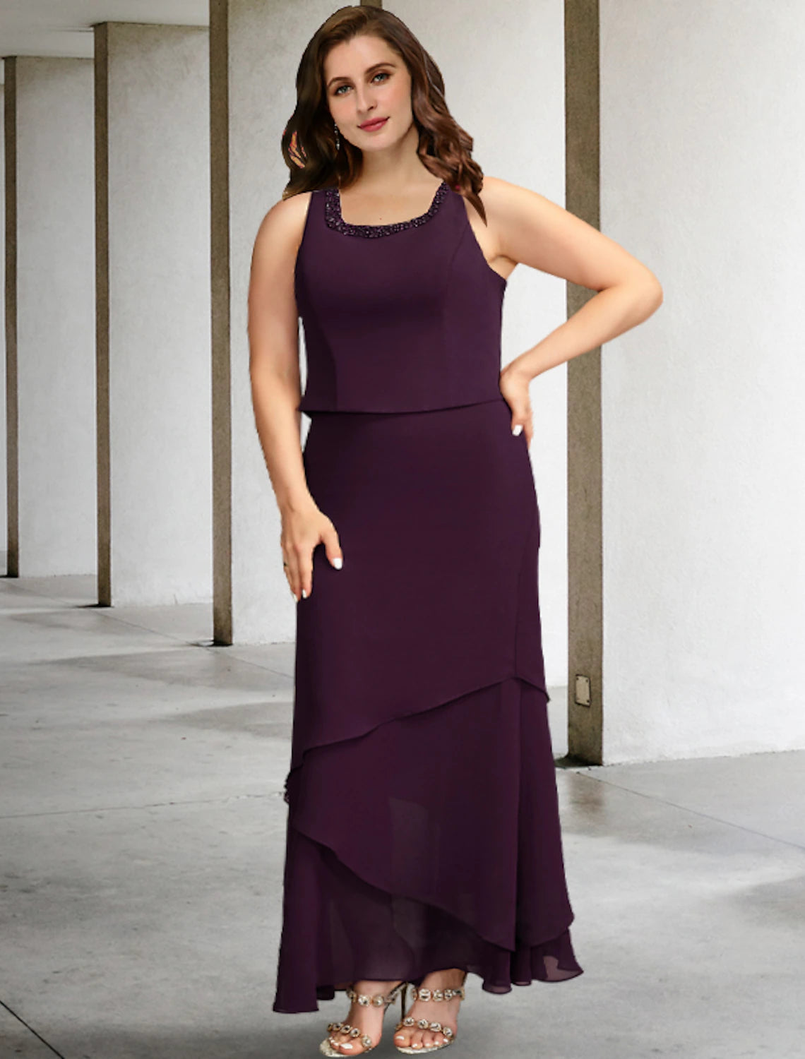 Two Piece A-Line Mother of the Bride Dresses Plus Size Hide Belly Curve Elegant Dress Formal Ankle Length Sleeveless Square Neck Chiffon with Beading Ruffles