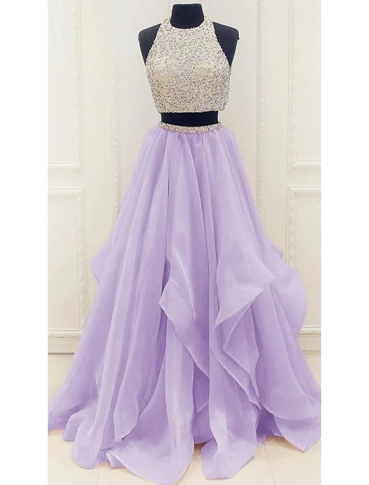 Two Piece Ball Gown Prom Dresses Sparkle & Shine Dress Party Wear Prom Floor Length Sleeveless Halter Neck Organza with Sequin