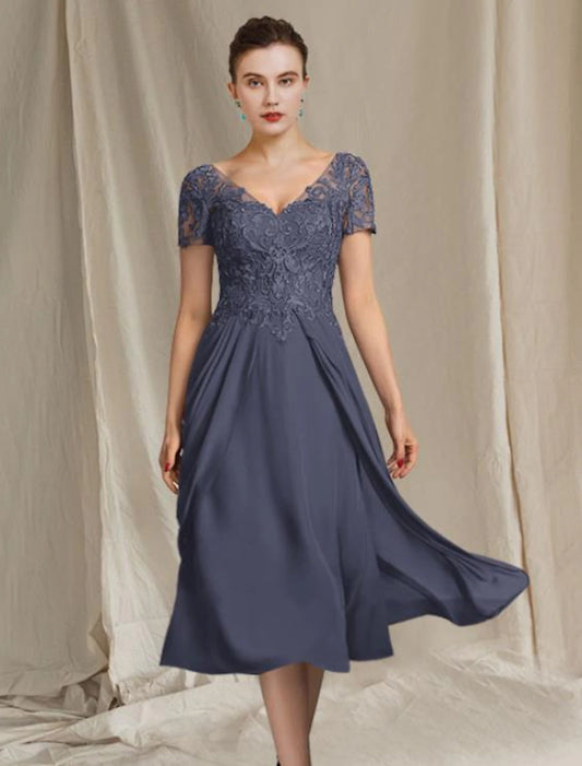 A-Line Mother of the Bride Dress Plus Size Elegant V Neck Tea Length Chiffon Lace Short Sleeve with Pleats Appliques