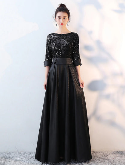 A-Line Bridesmaid Dress Jewel Neck Long Sleeve Beautiful Back Floor Length Satin / Tulle / Sequined with Sash / Ribbon / Pleats