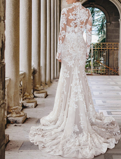 Engagement Formal Fall Boho Wedding Dresses Mermaid / Trumpet High Neck Long Sleeve Court Train Lace Bridal Gowns With Appliques